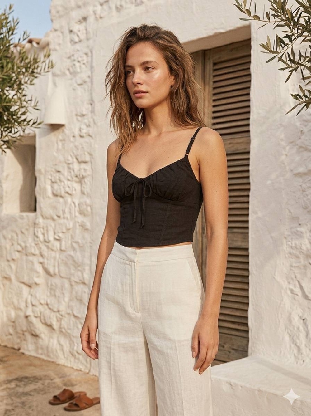 Ambiance Black Rayon-Linen Blend Top
